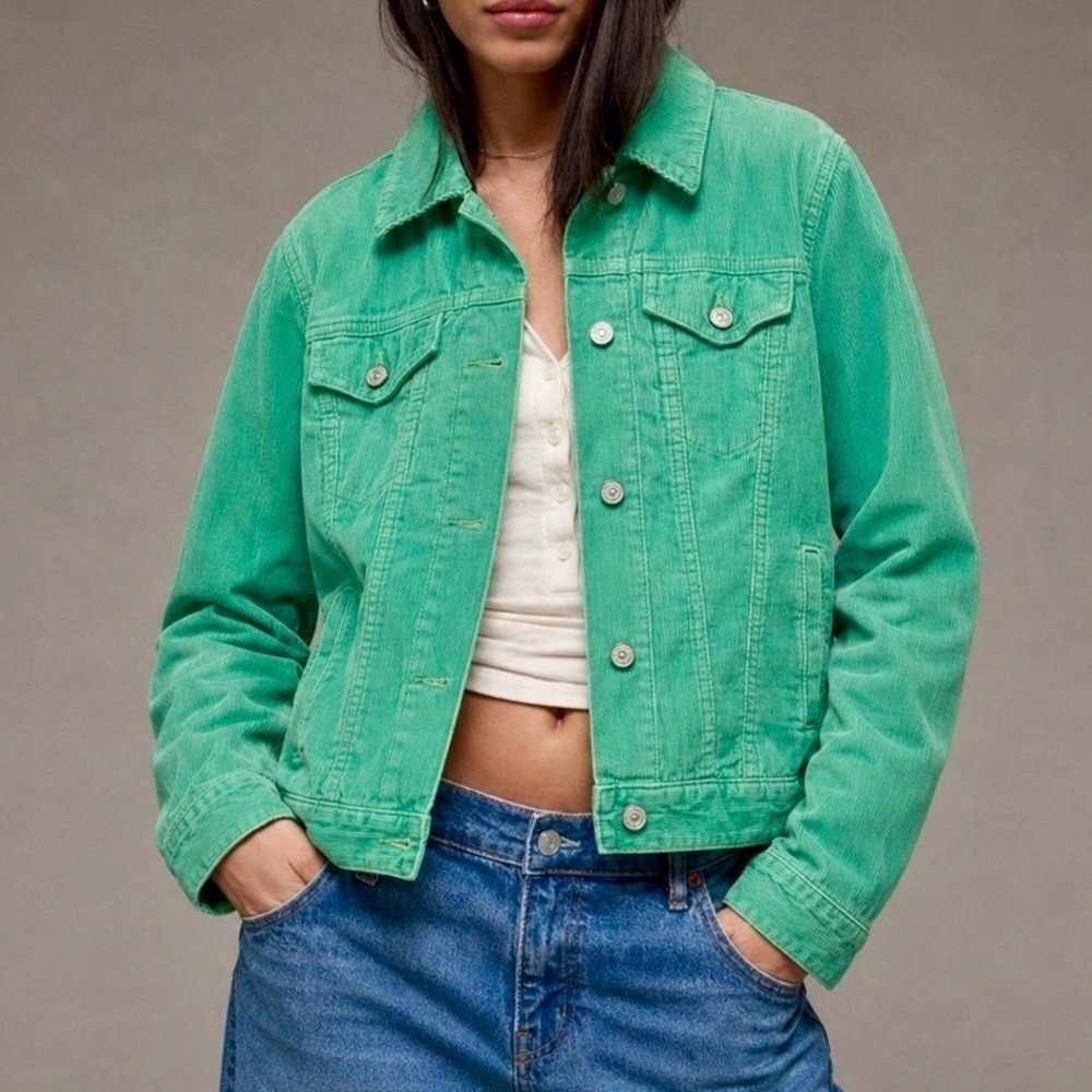 Gap Women's Mint Green Western Corduroy Faux Fur Lined Button Up Jacket